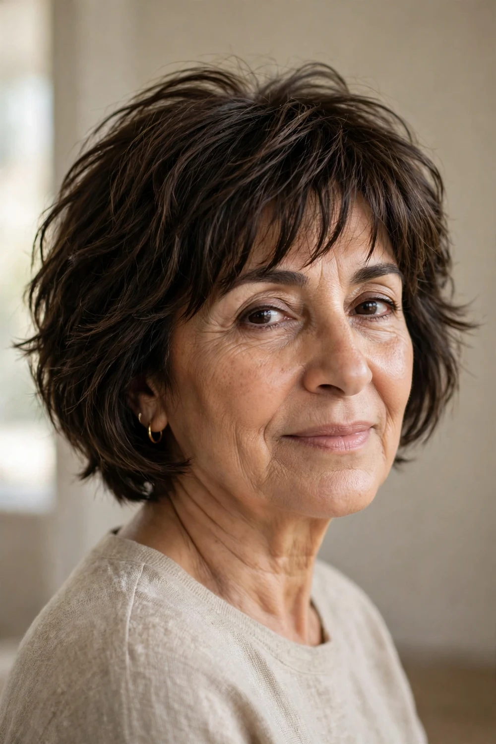 Short French bob with shaggy layers on fine hair