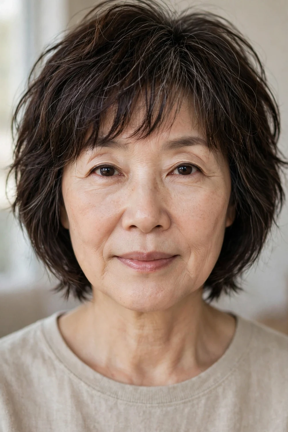 Shaggy French bob with feathered fringe on a woman over 50