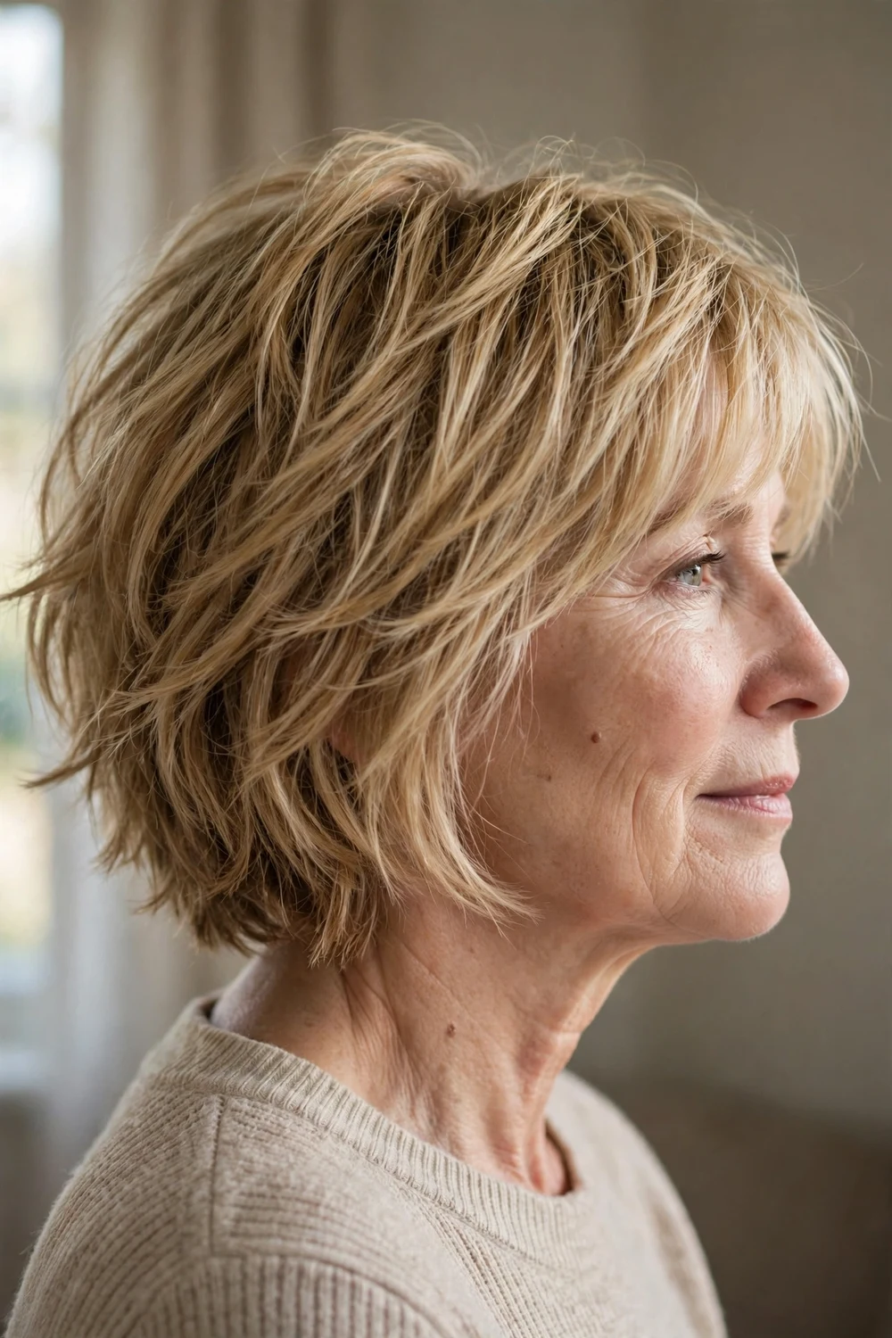 Blonde shaggy bob with soft texture on fine hair