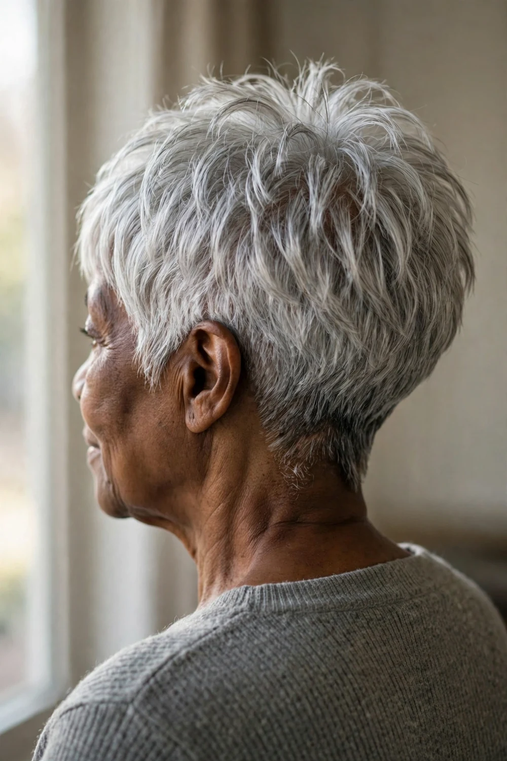 Shaggy pixie bob with tapered back on a woman over 50 with fine hair