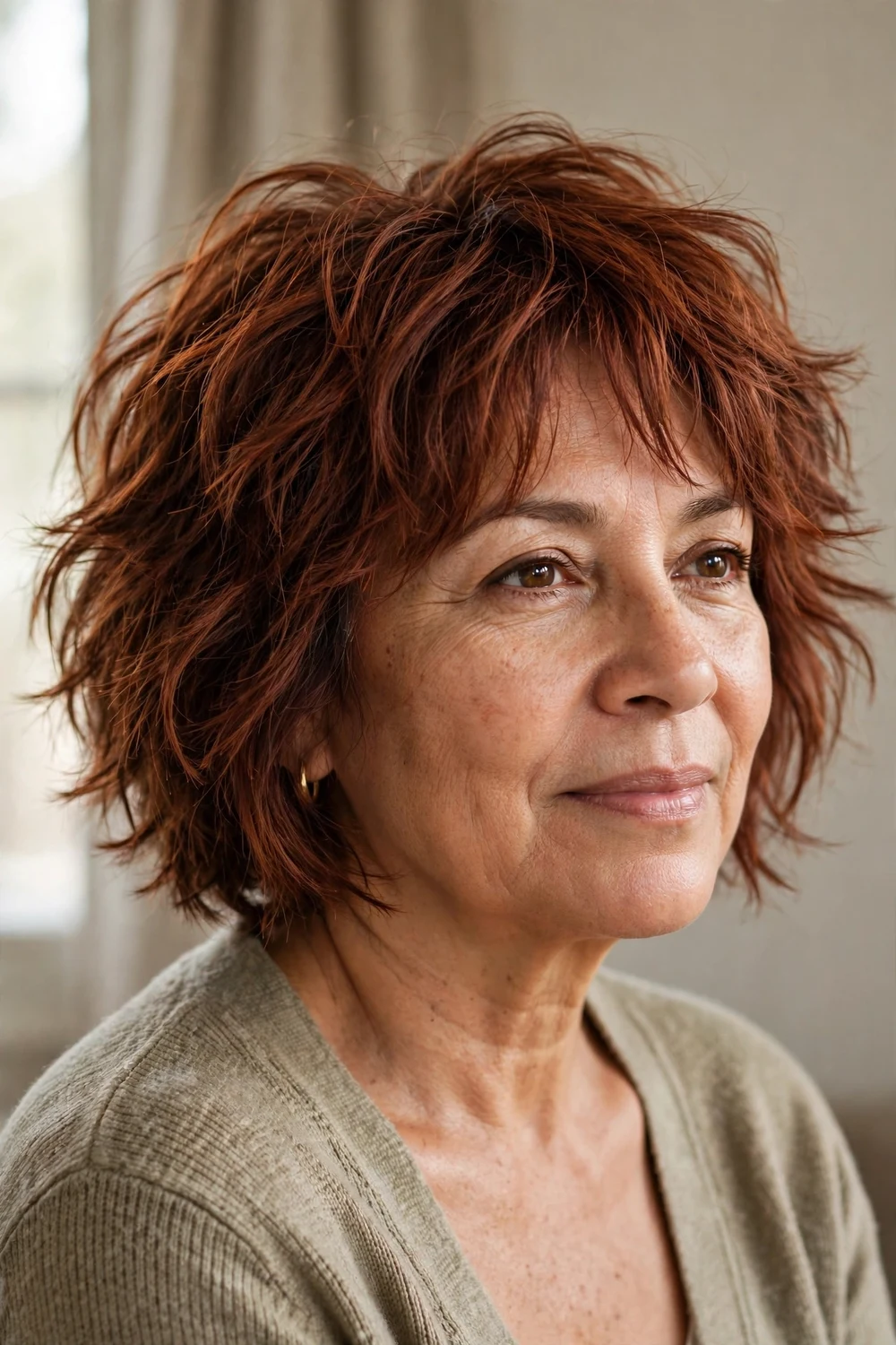 Choppy shaggy bob with textured layers adding fullness to fine hair