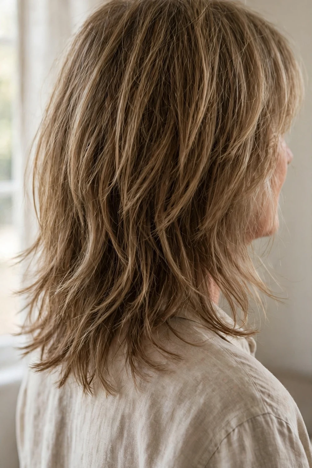 Shaggy long bob with soft feathered ends on fine hair