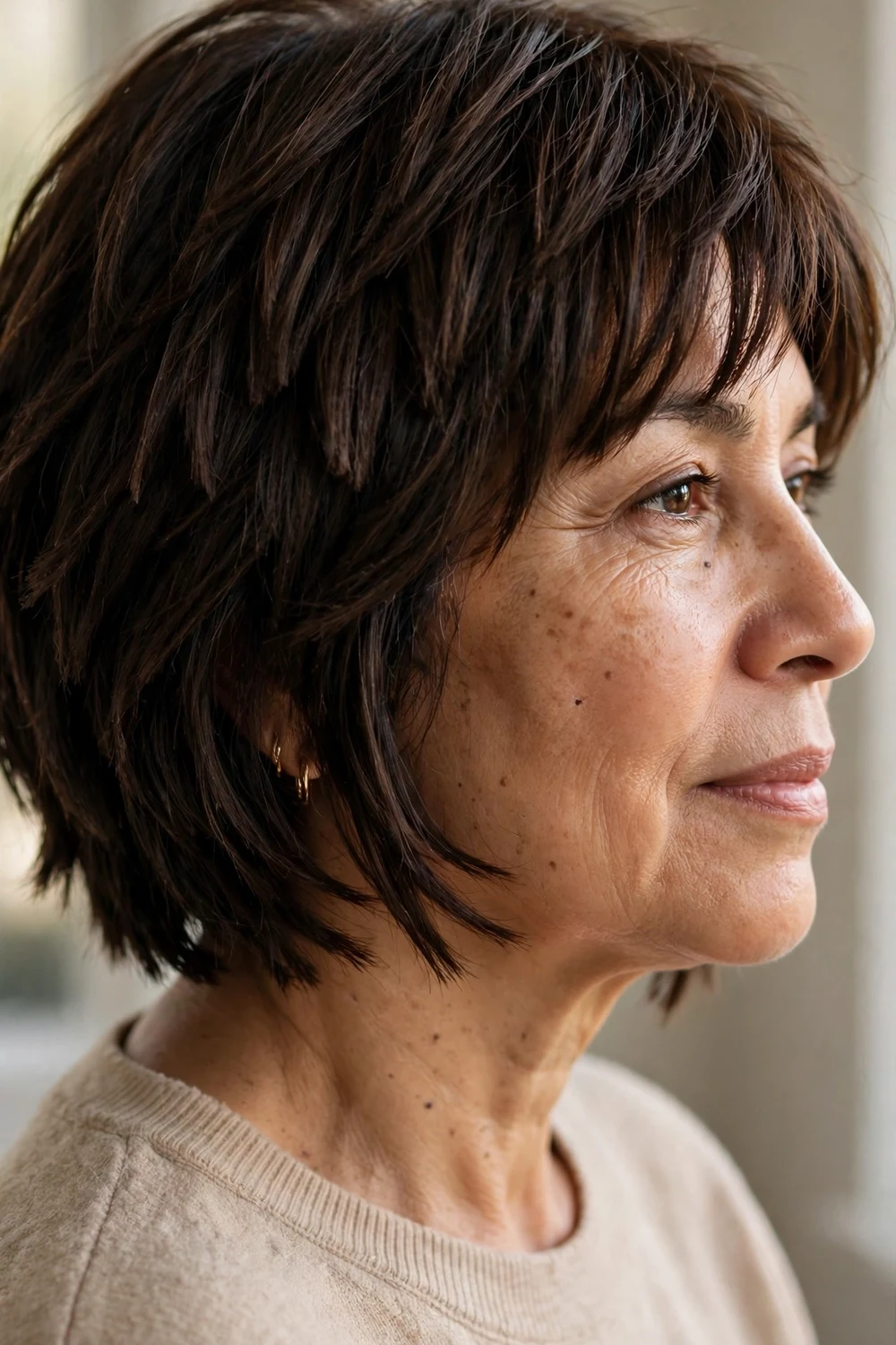 Shearora haircut with defined shaggy layers on a woman over 50