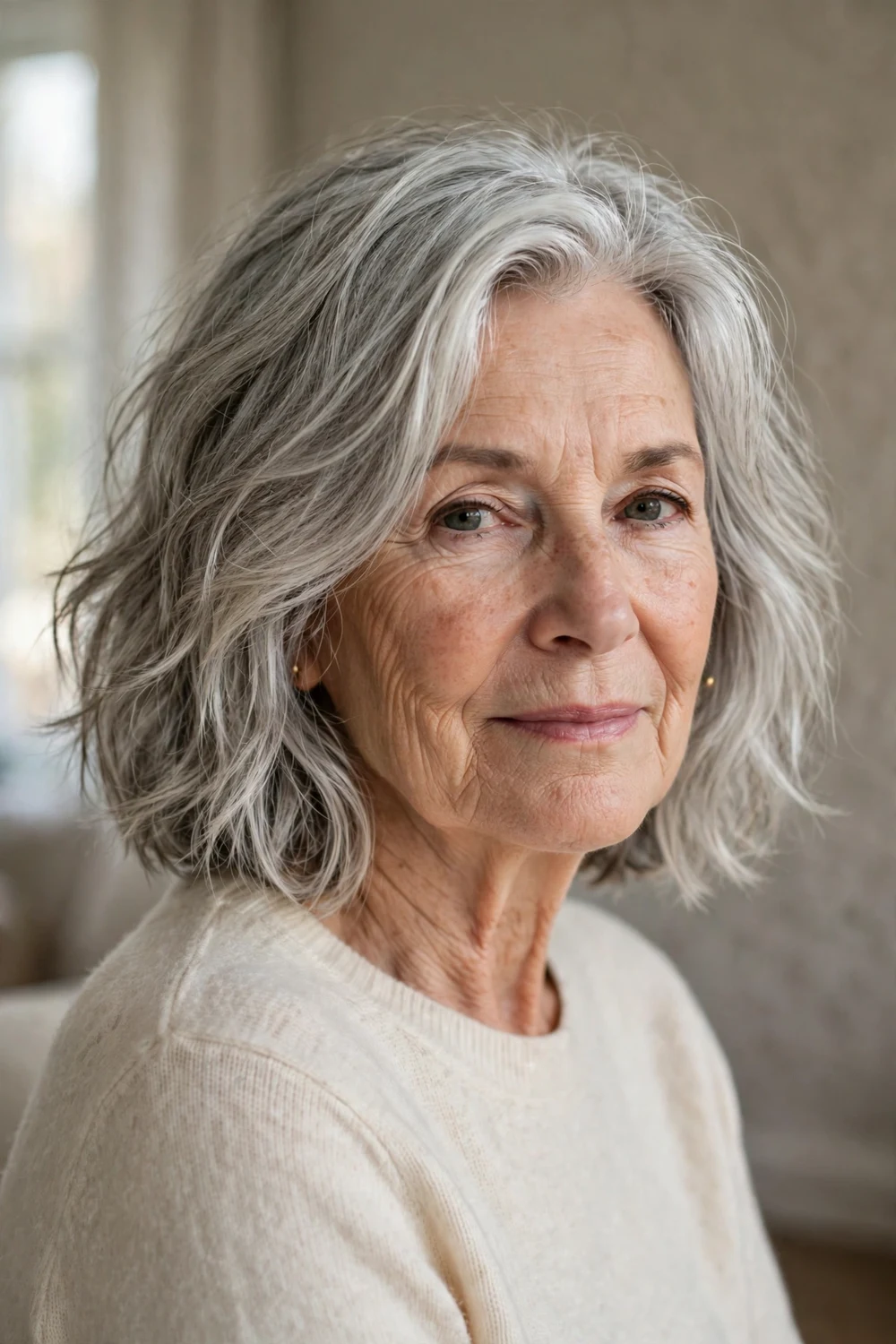 Low-maintenance shaggy bob with soft waves on fine hair