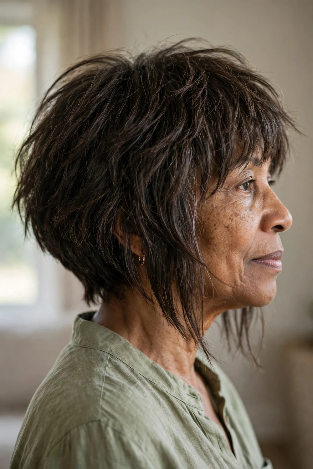 A-line shaggy bob with bangs on fine hair