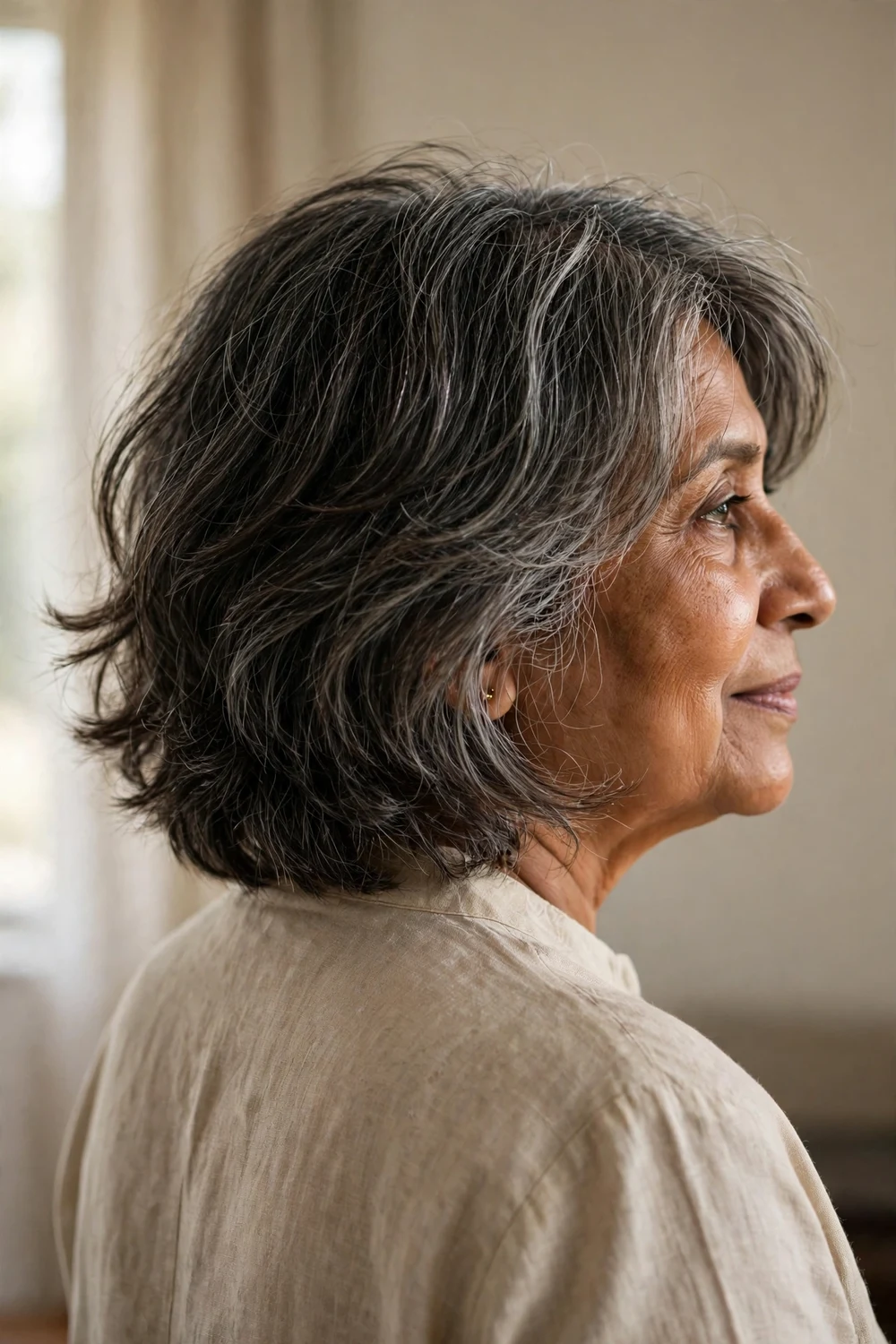 Shoulder-length shaggy bob with soft layers on a woman over 50
