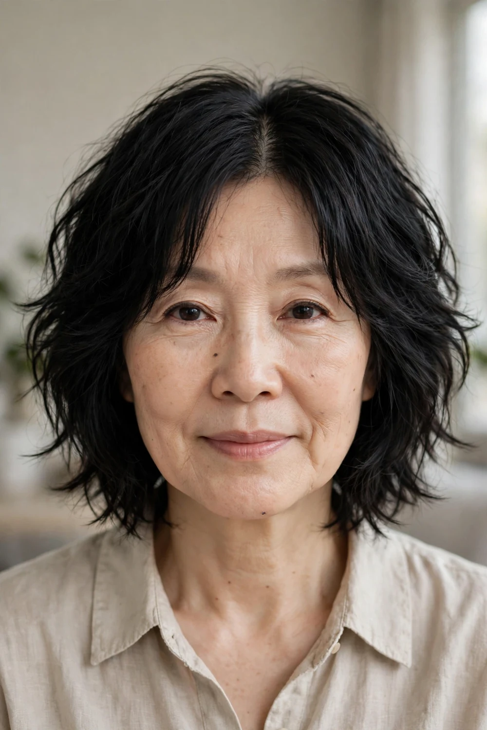 Shaggy bob with middle part and soft tousled waves