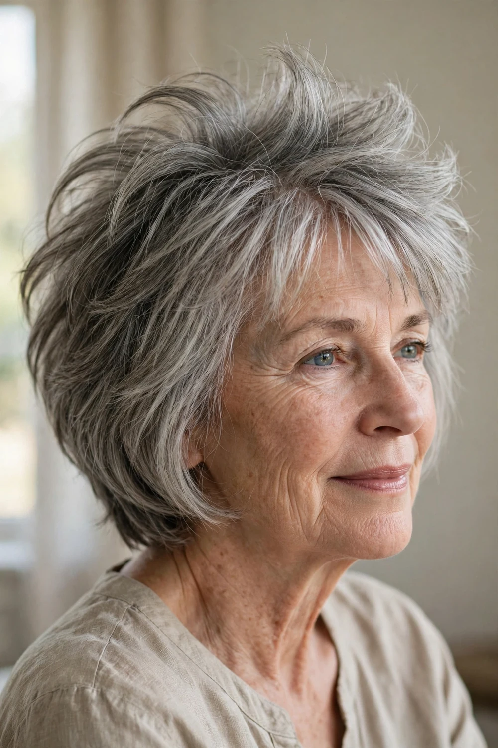 Shaggy bob with layered crown adding lift to fine hair
