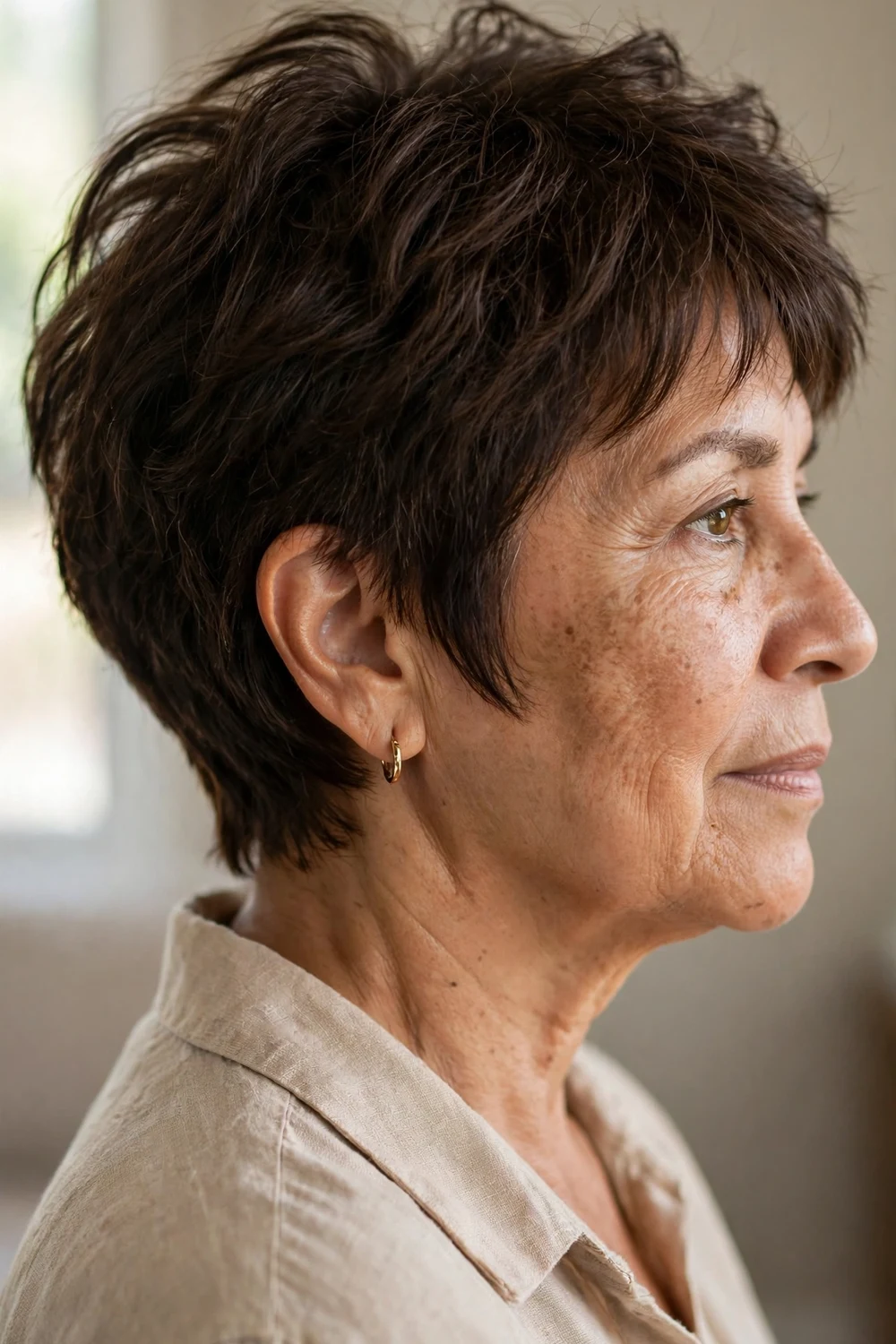 Short shaggy bob with tapered sides on fine hair