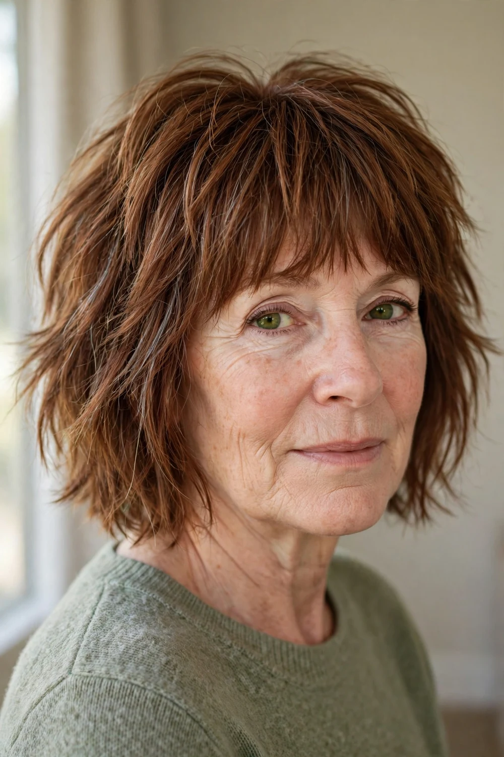 Choppy shaggy bob with full fringe on a woman over 50