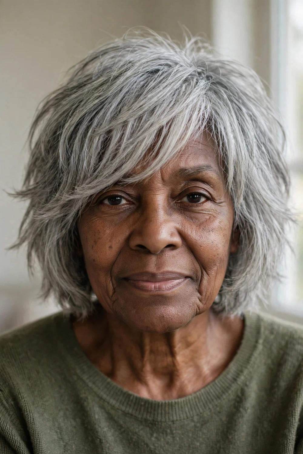 Shaggy bob with side-swept bangs on fine hair