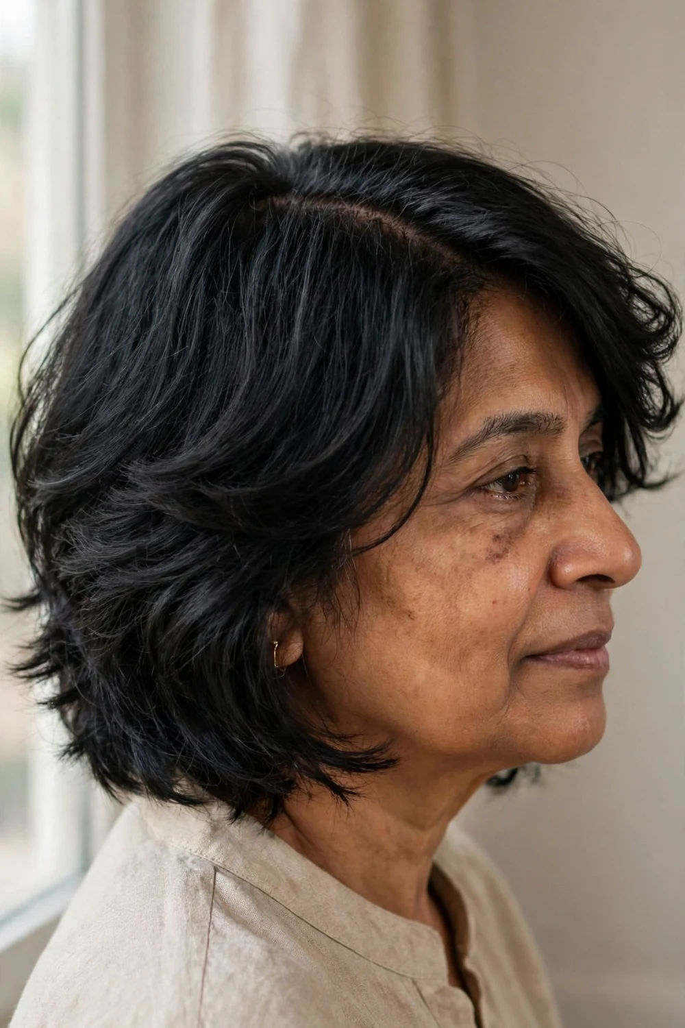 Shaggy bob with deep side part adding volume on fine hair