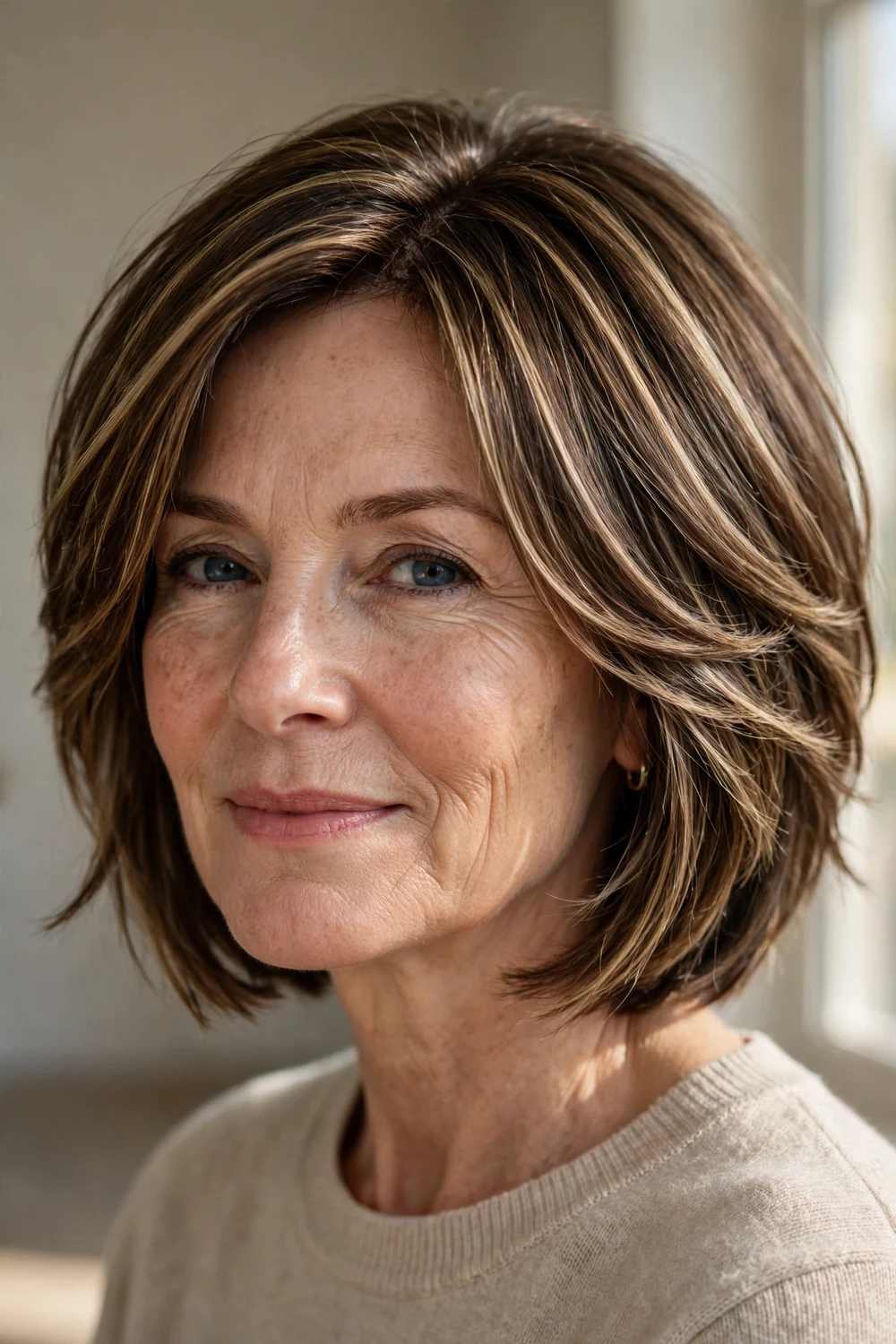 Sleek shaggy bob with subtle highlights on fine hair