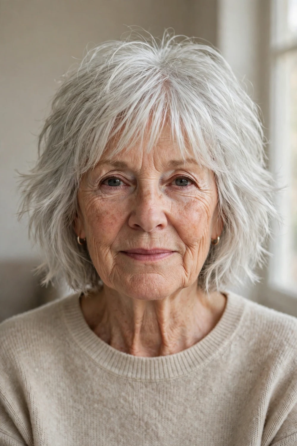 Silver shaggy bob embracing natural gray on fine hair