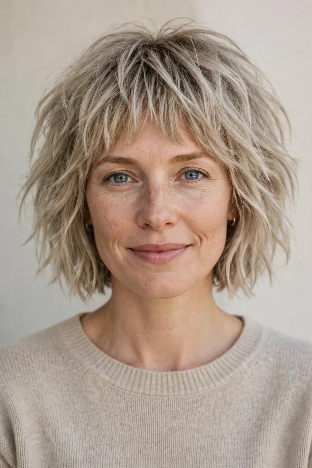 Woman with a shaggy bob haircut, textured layers at chin length