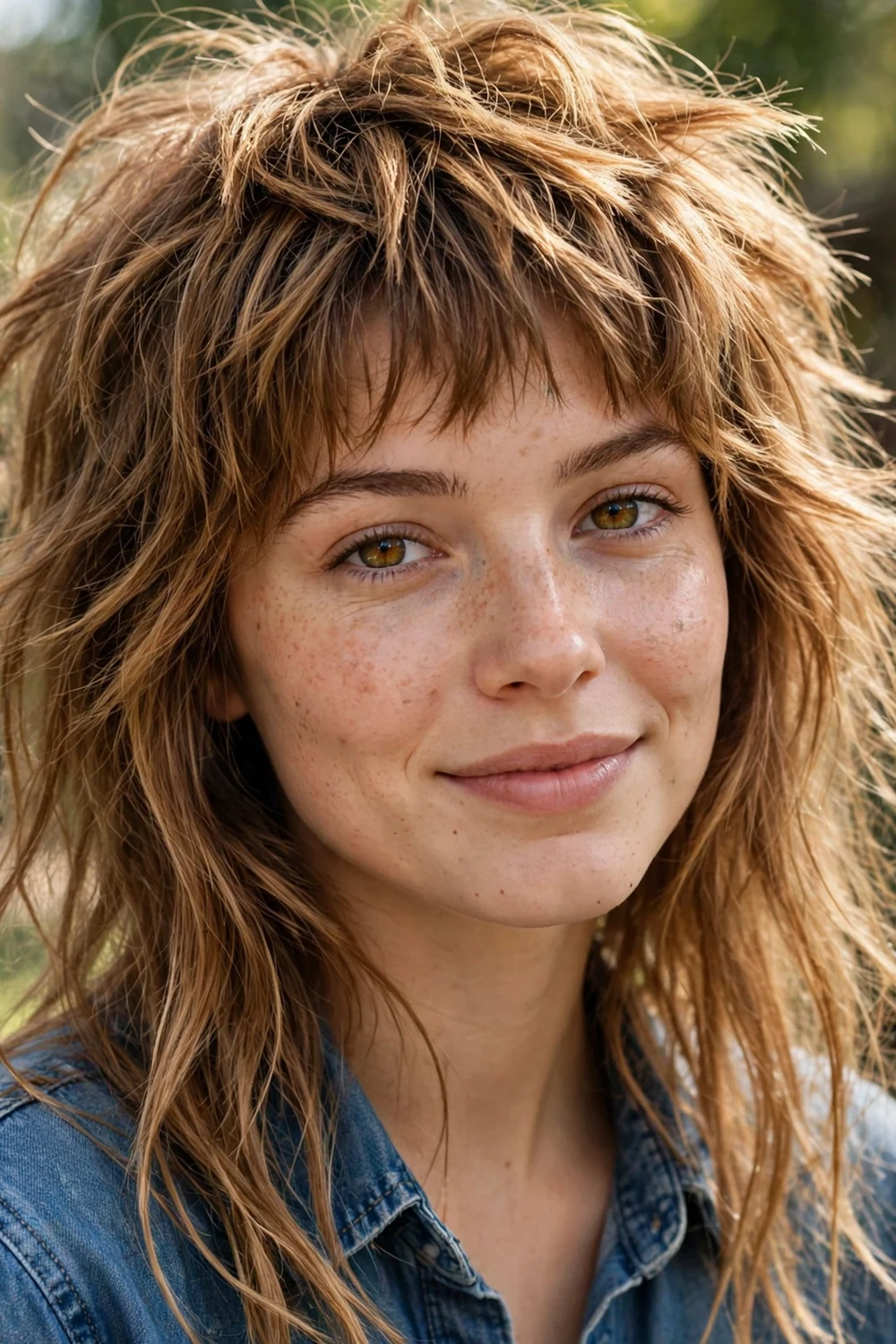 Woman with a shaggy jellyfish haircut with choppy uneven layers