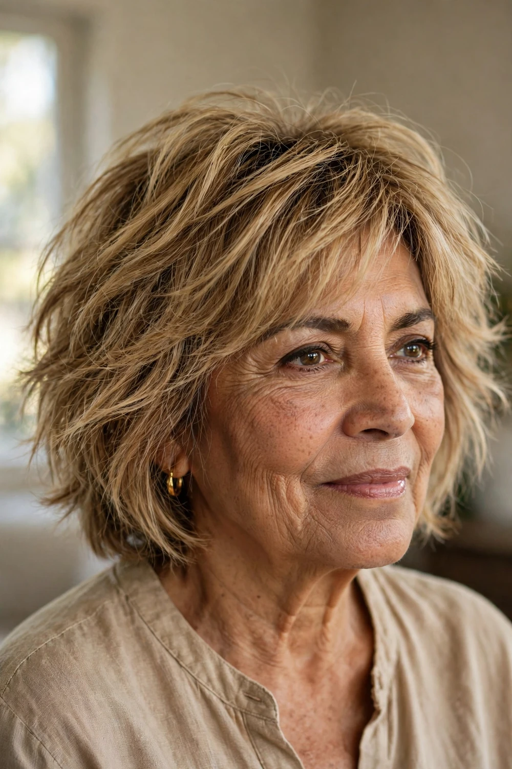 Shaggy layered bob with tousled texture on a woman over 60 with fine hair