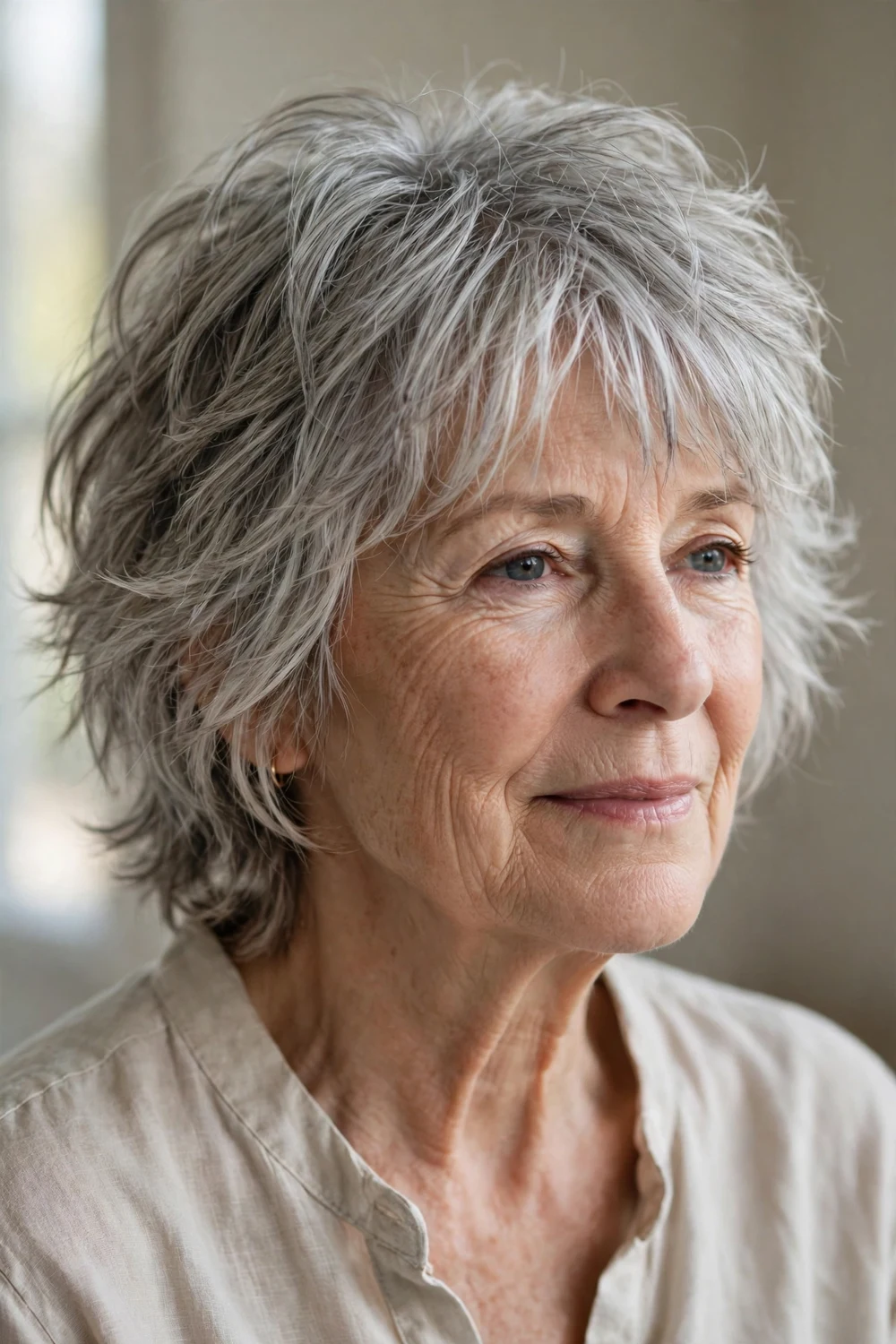 Woman over 60 with shaggy layered haircut with choppy textured layers
