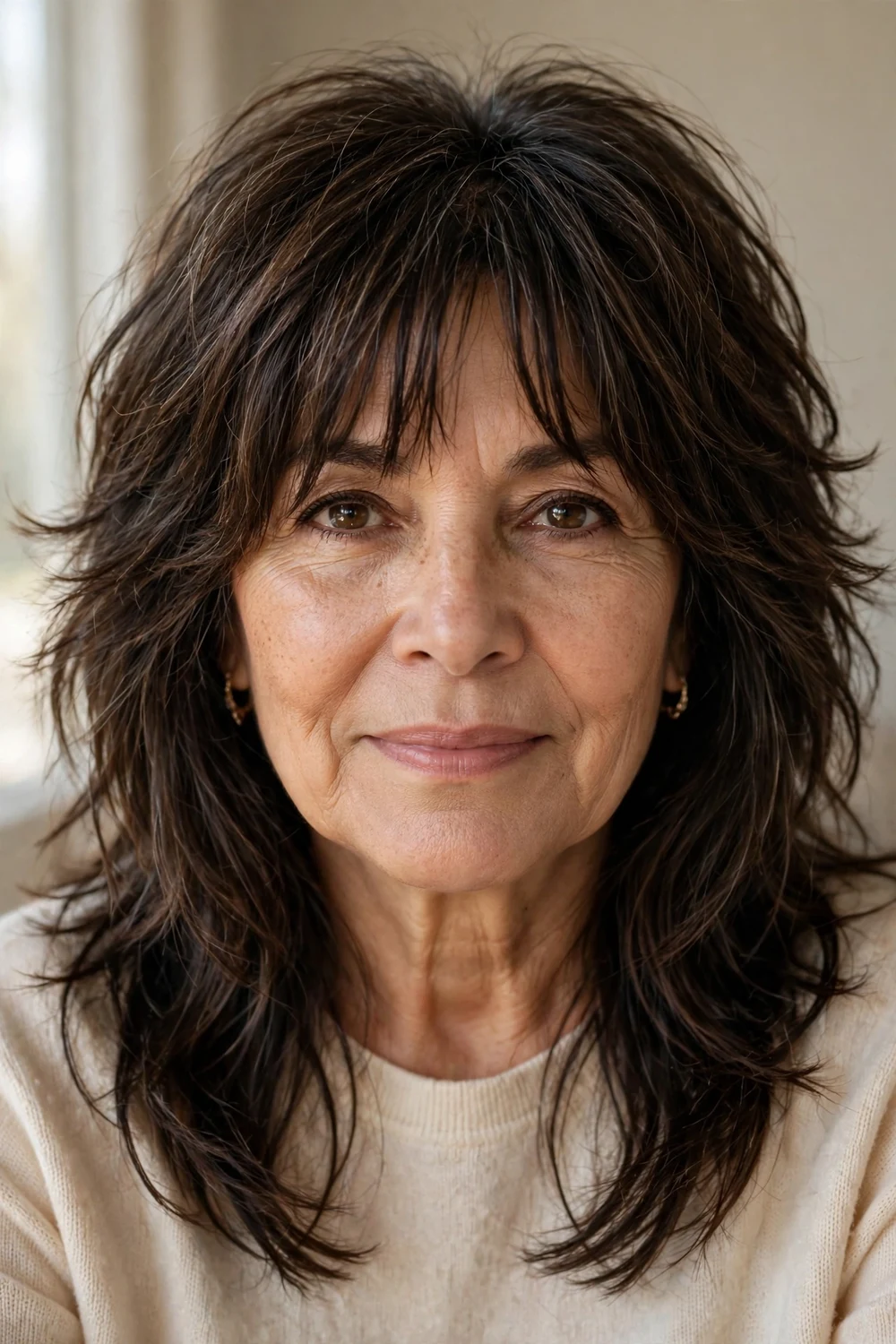 Woman over 50 with shaggy layers and bangs