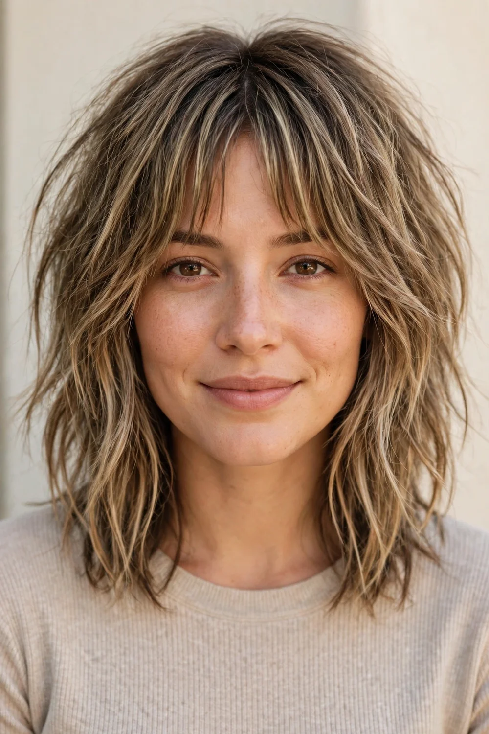 Shaggy textured long bob with curtain bangs