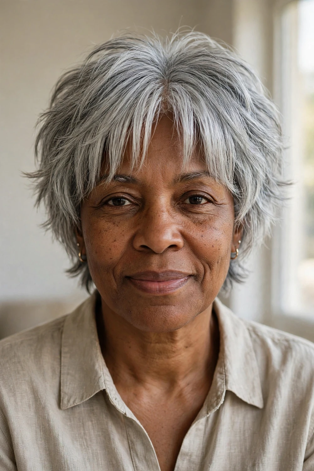 Shaggy silver layered haircut with curtain bangs
