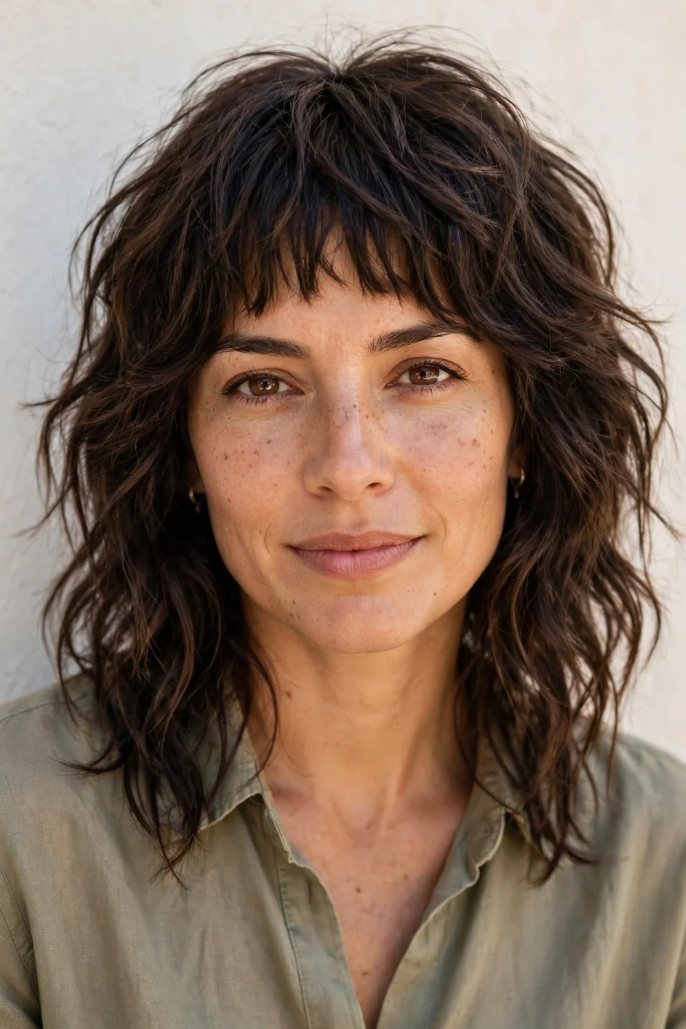Woman with shaggy textured bangs paired with layered hair
