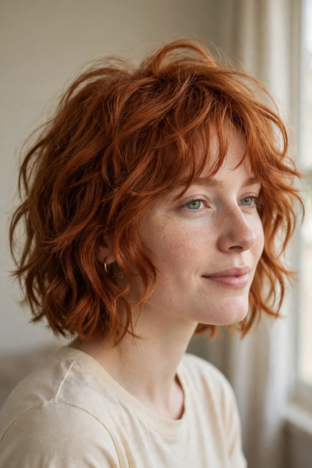 Woman with a shaggy wavy bob and face-framing layers