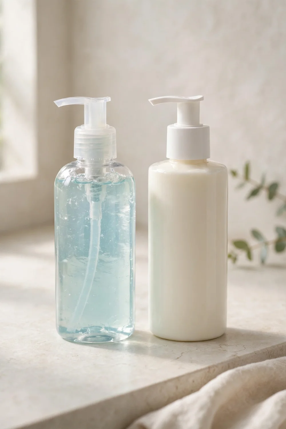 Shampoo and conditioner bottles side by side on a bathroom counter