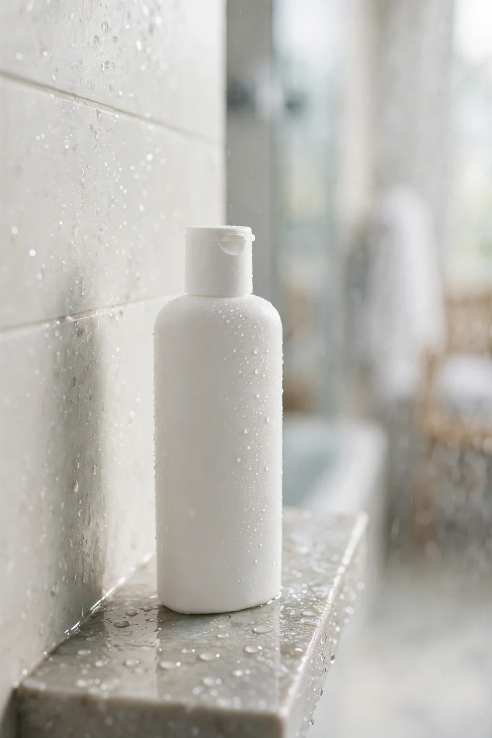 Plain unlabeled shampoo bottle on a shower shelf
