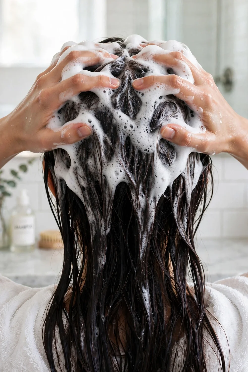Hands massaging shampoo lather into the scalp