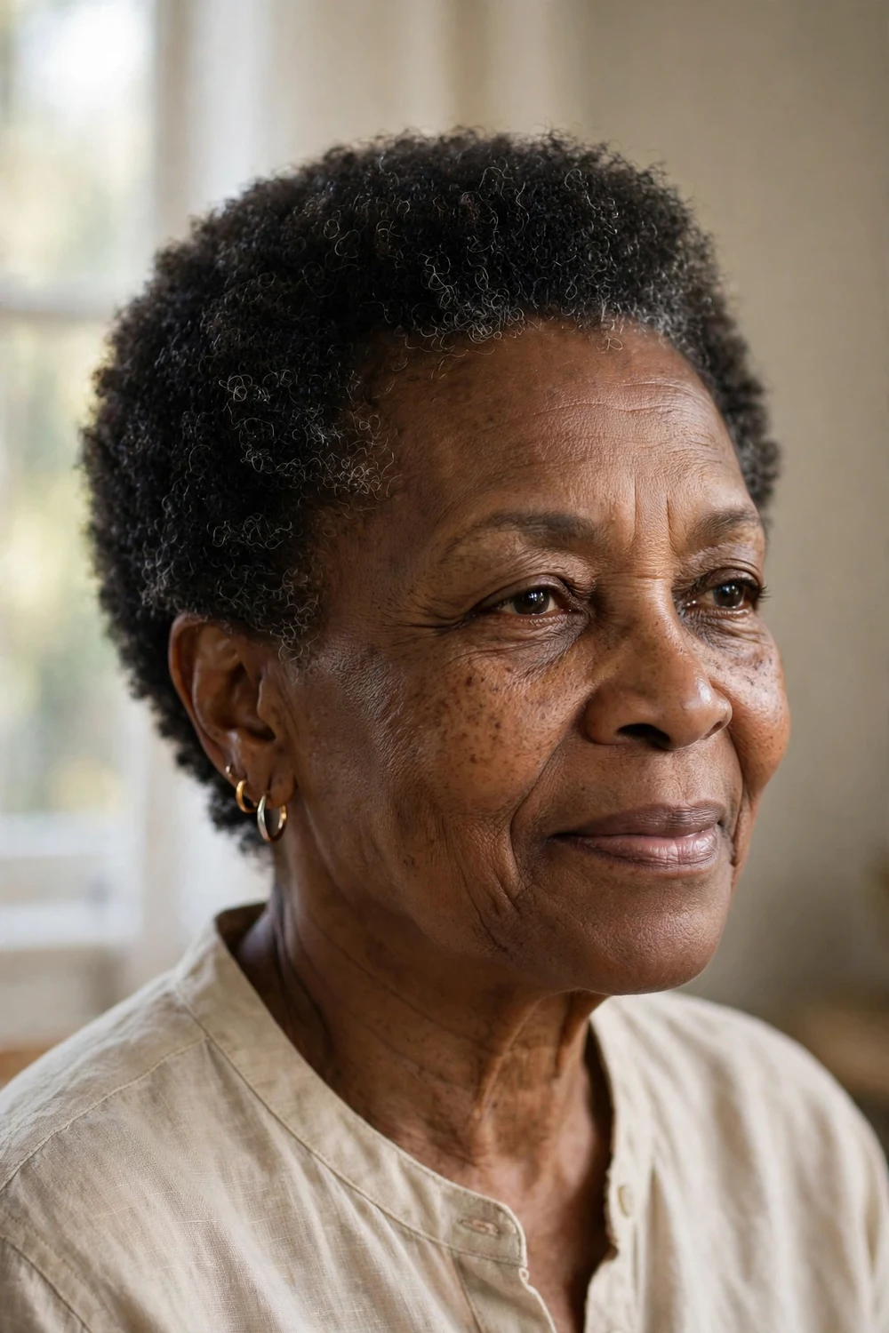 Older Black woman with a shaped teeny weeny afro with tapered edges