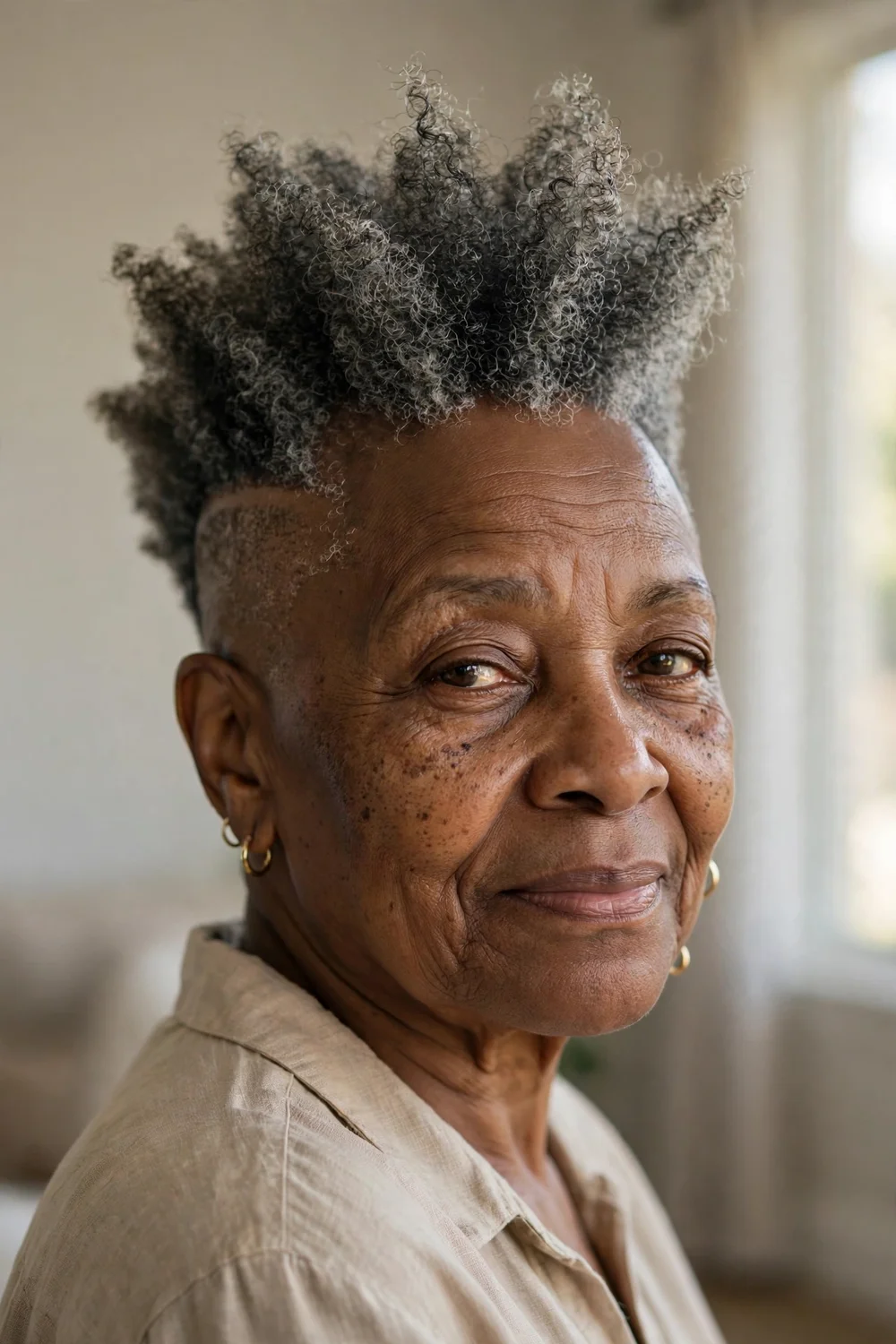 Older Black woman with a shaved crop with height and volume on top