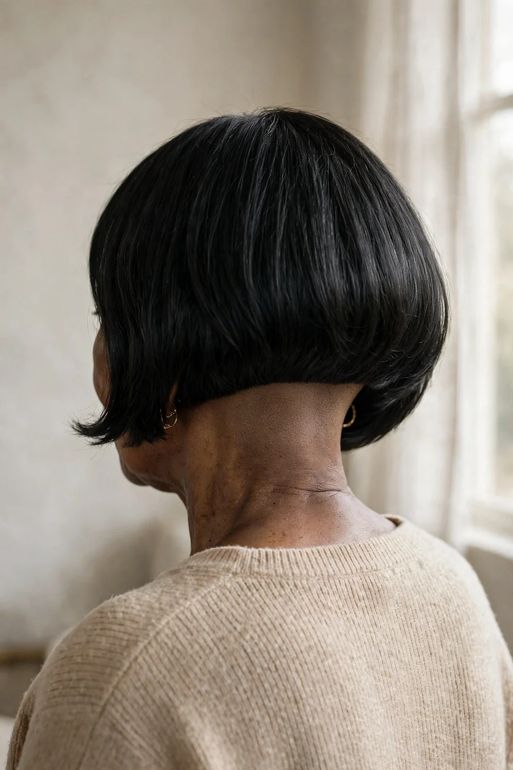 Back view of a chin-length bob with a shaved nape on an older Black woman