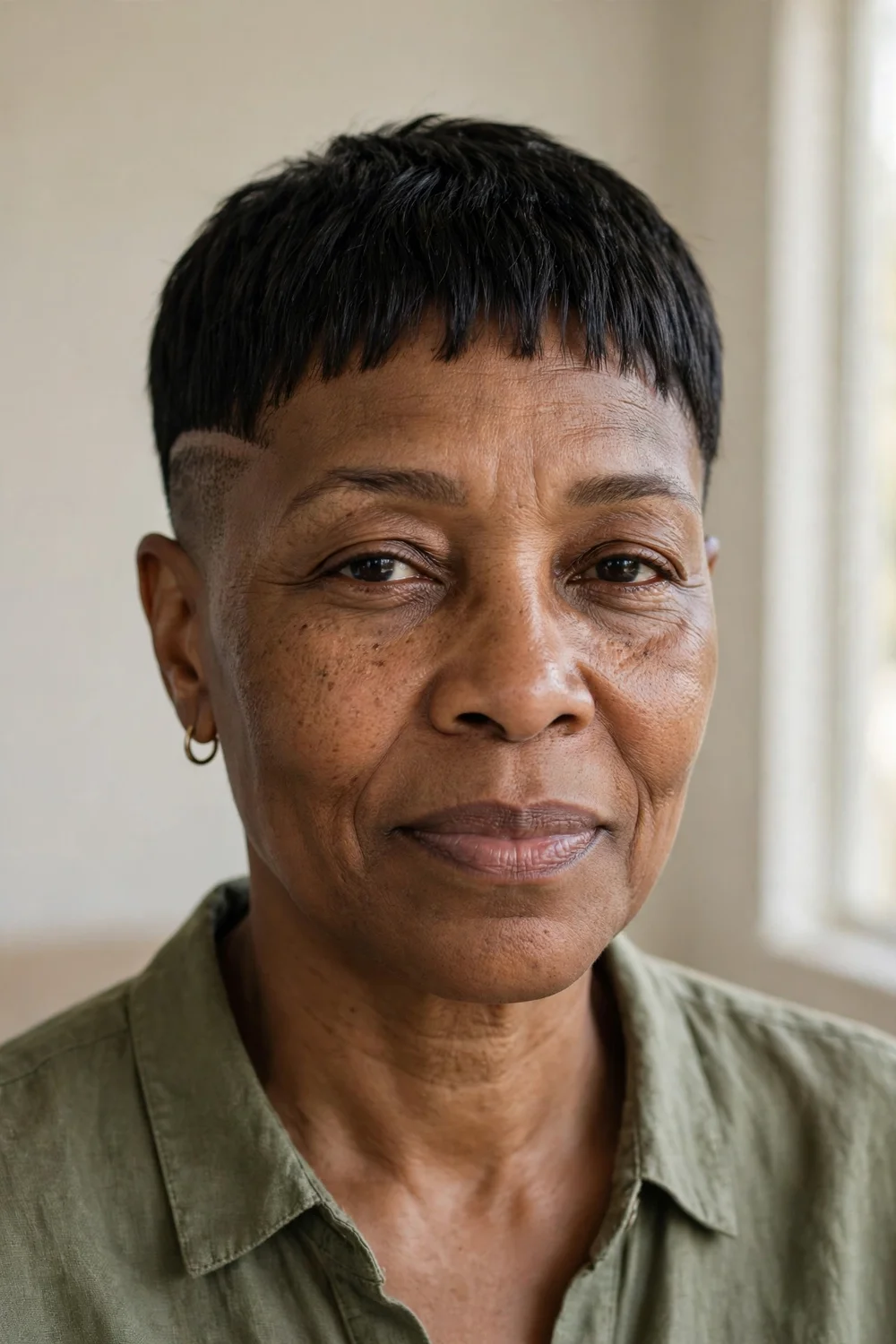 Older Black woman with a shaved pixie and short baby bangs