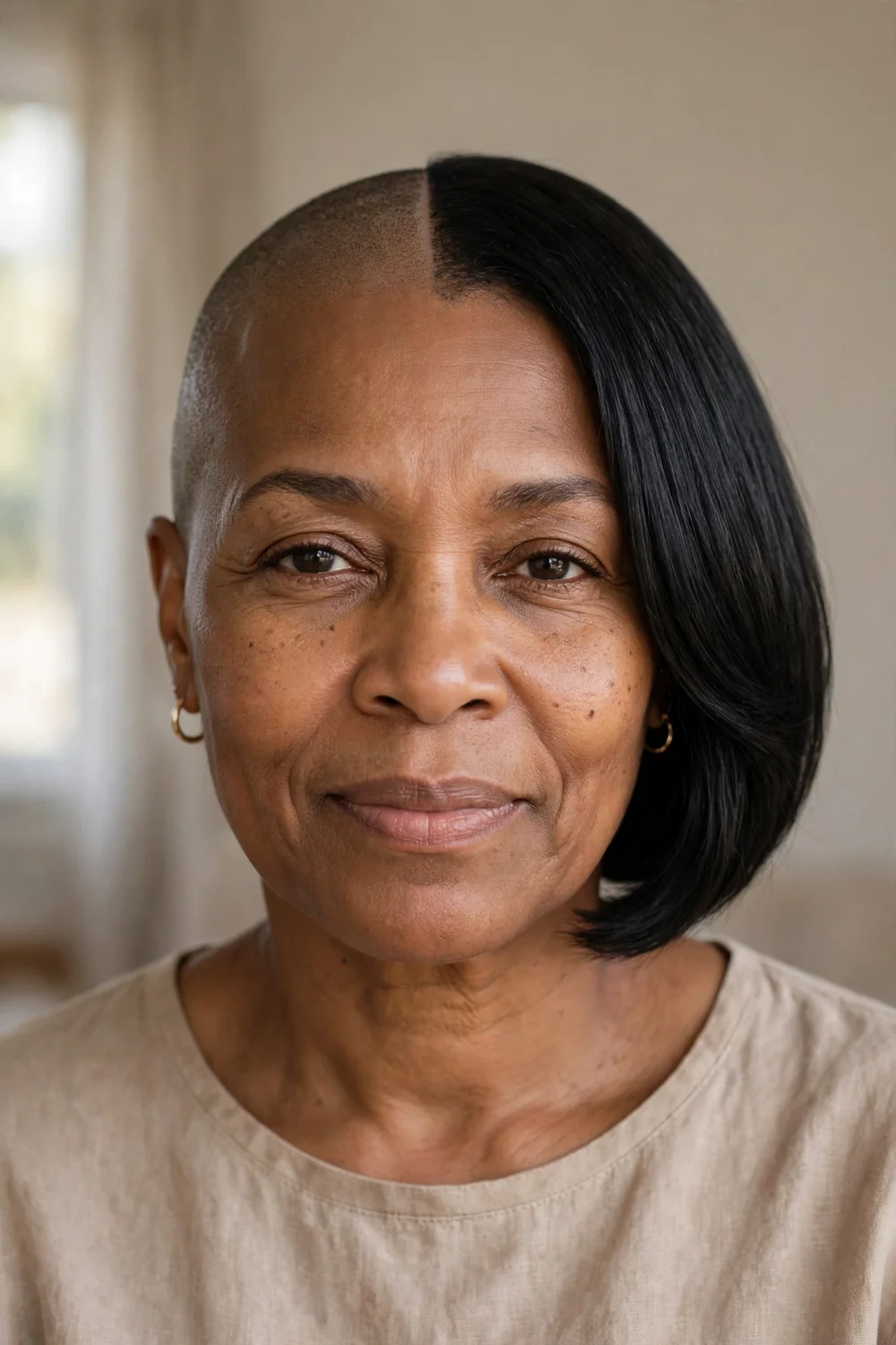 Older Black woman with a jaw-length bob on one side and a shaved side