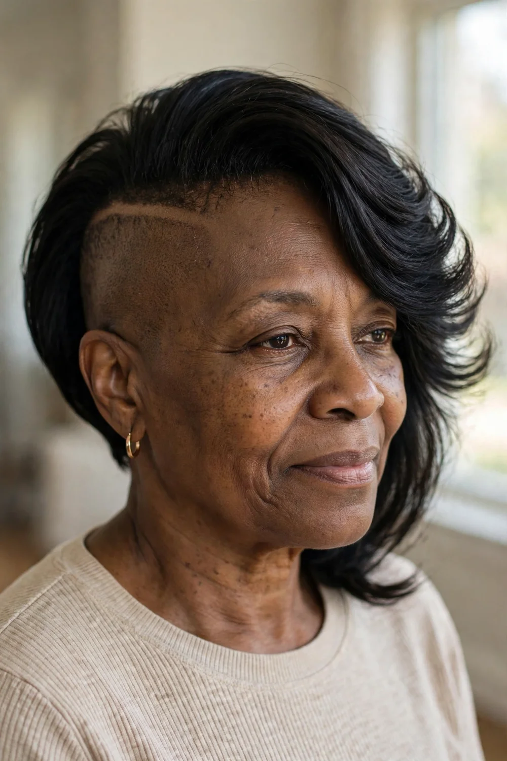 Older Black woman with shaved sides and a long swept top