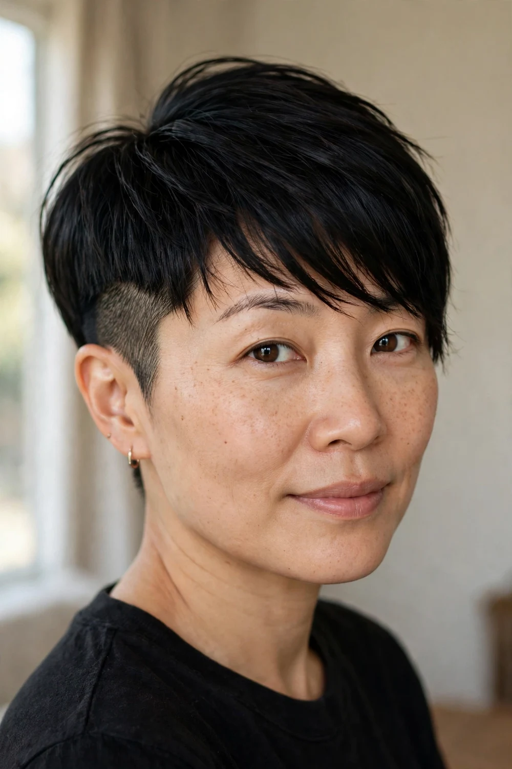 Pixie with shaved sides and long top swept forward