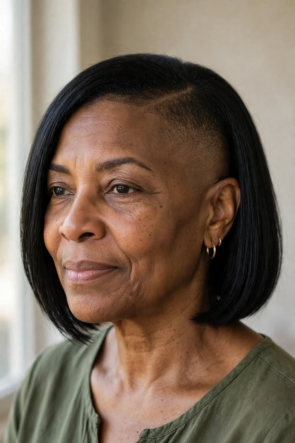 Older Black woman with a sleek bob and one shaved temple