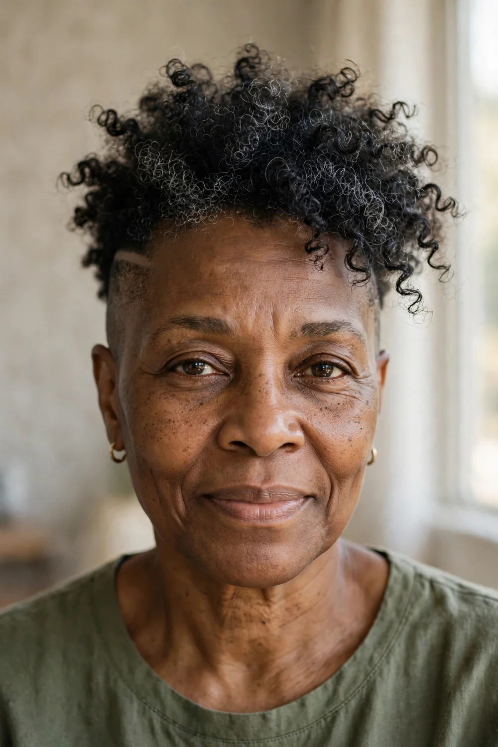 Older Black woman with defined curls on top and a shaved undercut