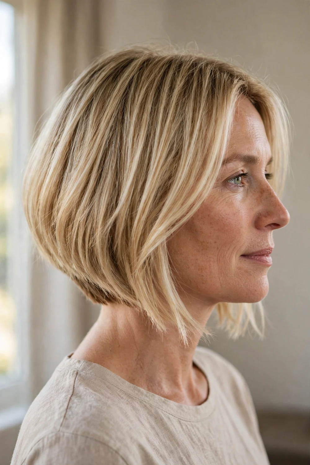 Sheared A-line bob with razor-cut feathered ends