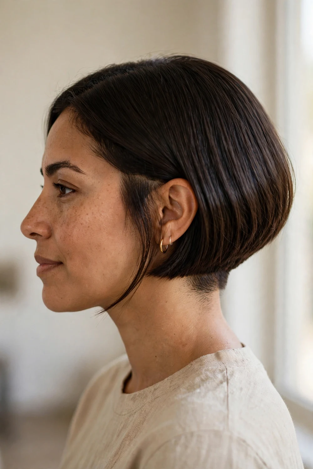 Short A-line bob with hidden undercut at the nape