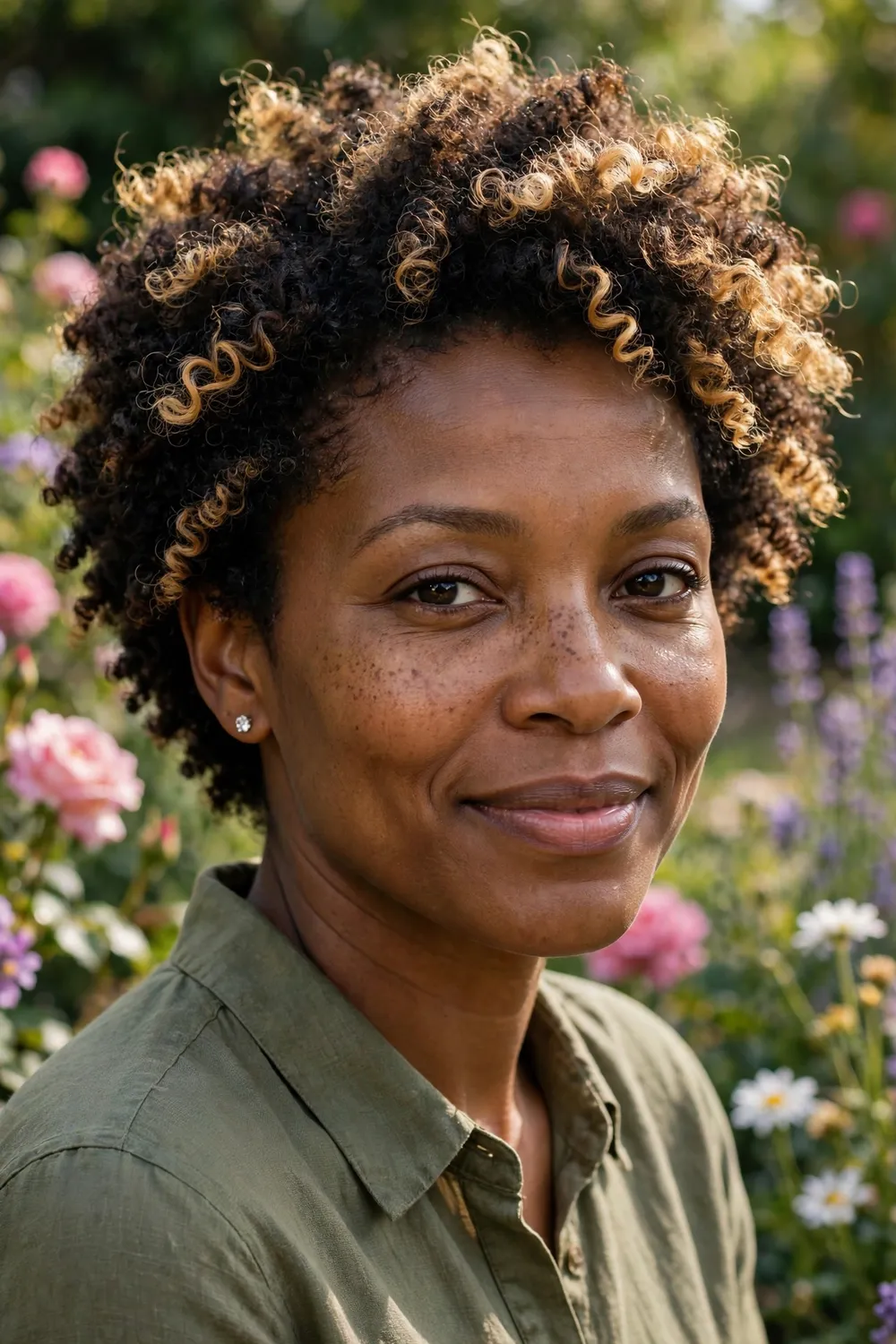 Black woman with a short afro and warm blonde highlights