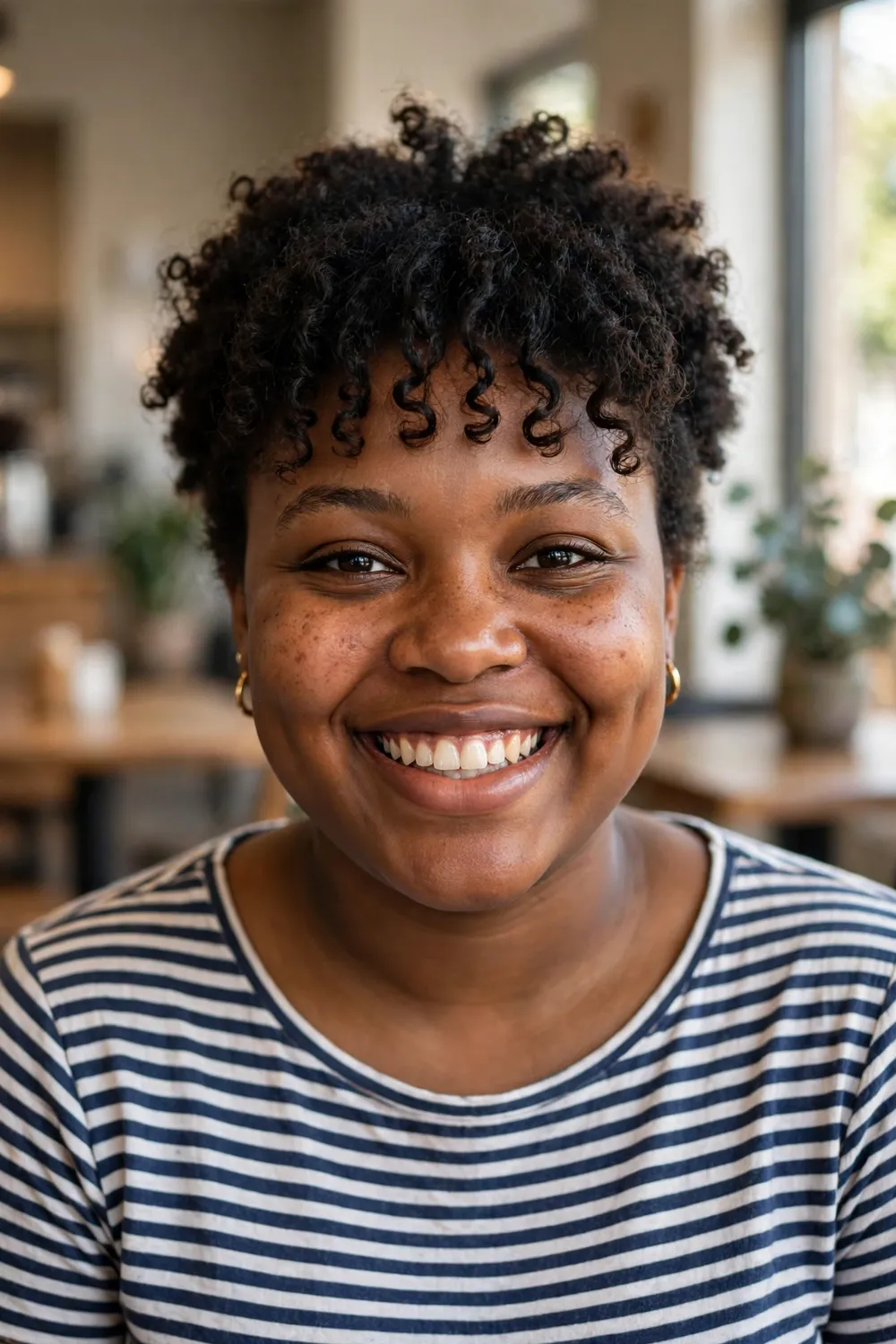 Black woman with a short afro and curly bangs across the forehead