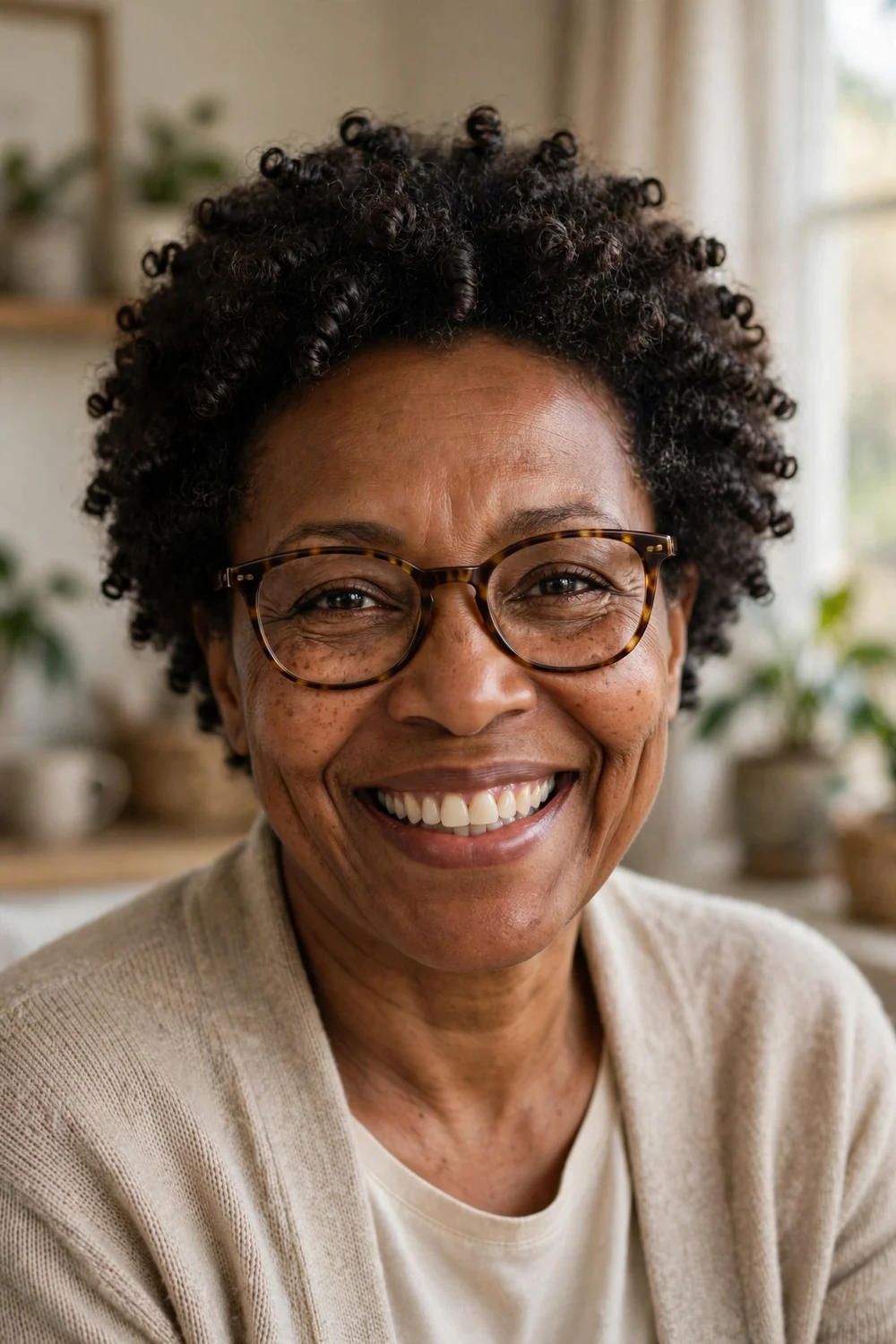 Older Black woman with a short afro with defined curls