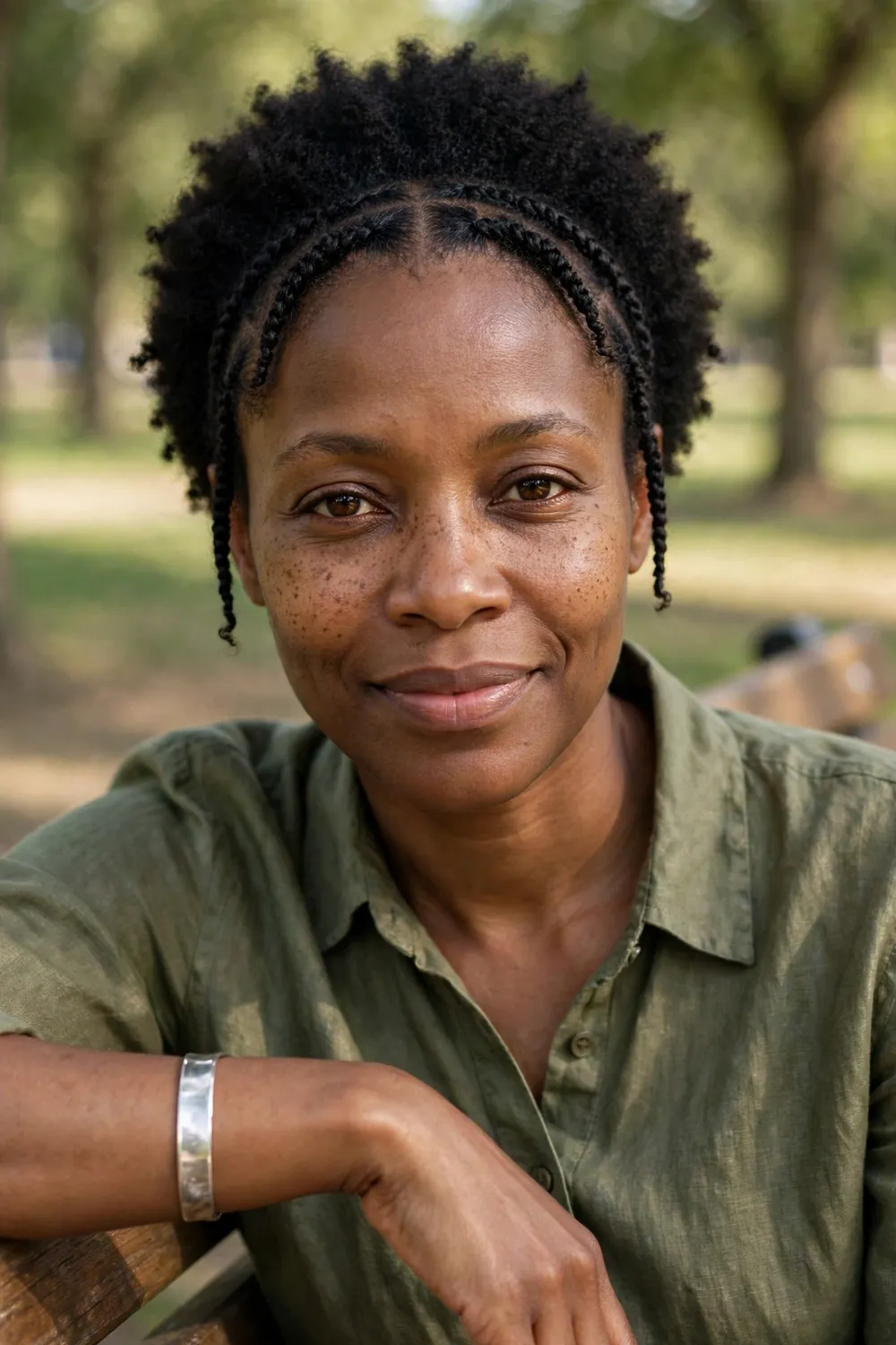Black woman with flat twists along the front of her short afro