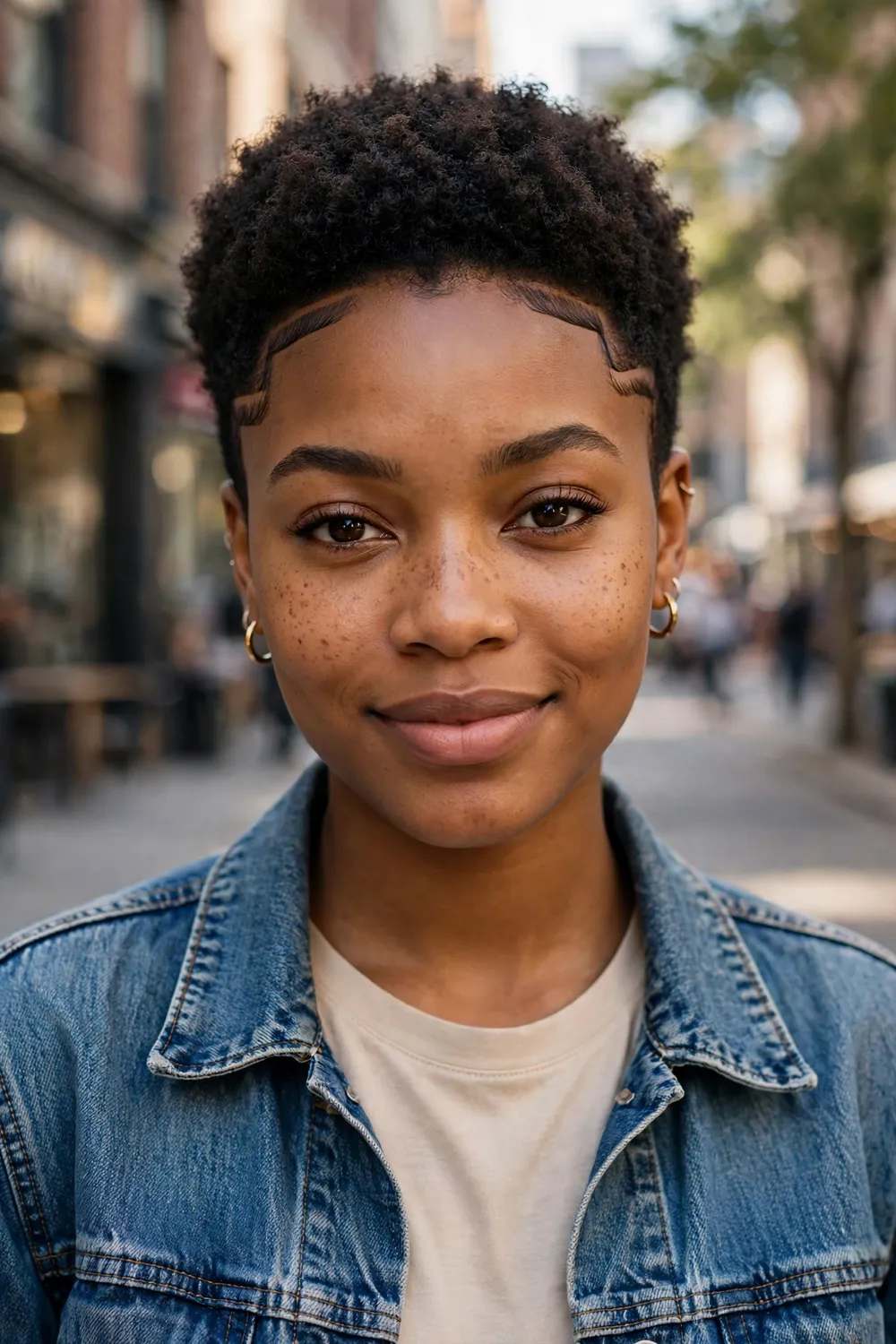 Black woman with a short afro and sharp line-up edges
