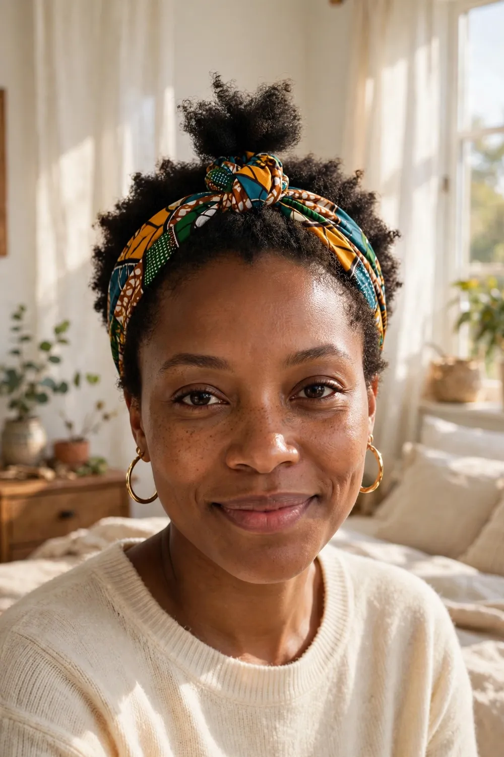 Black woman with her short afro gathered into a small puff