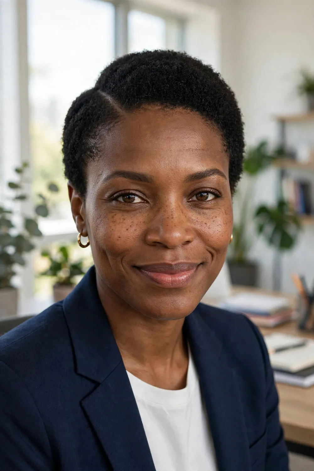 Black woman with a short afro and a clean side part