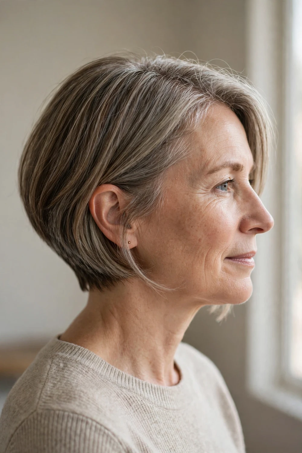 Short angled bob on a woman with a round face, gray-blended light brown hair from ear-length back to chin front