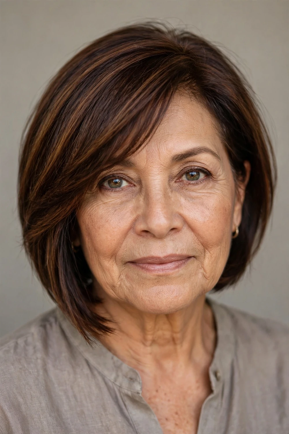 Short angled bob with side-swept bangs